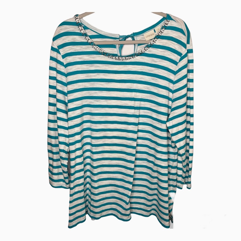 Chico's Womens Top XXL 4 Teal White Striped Rhinestone Embellished V Neck Tunic